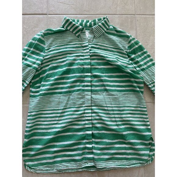 CHICO'S Button Down Shirt Womens Size 2 100% Cotton Green White Stripe Resort - Picture 4 of 8